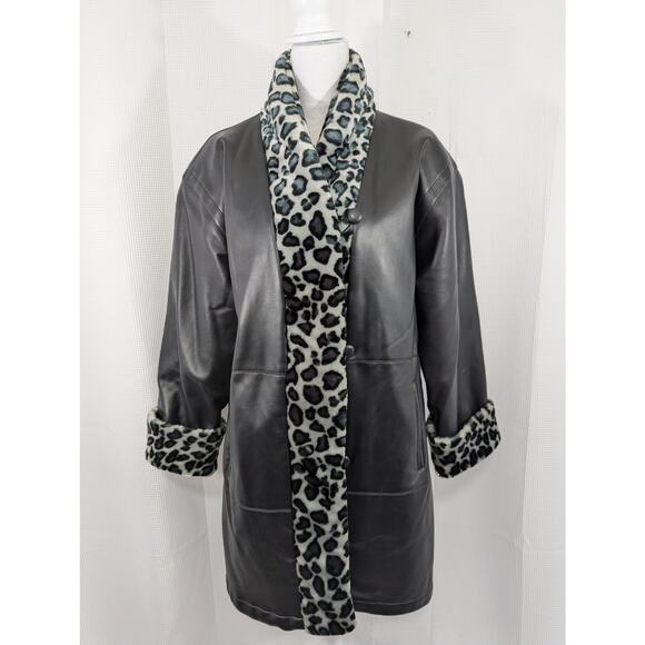 NWOT! ATLANTIC BEACH! LUXE VEGAN LEATHER, BLACK/GRAY LEOPARD FAUX FUR COAT! SZ L - Picture 4 of 9